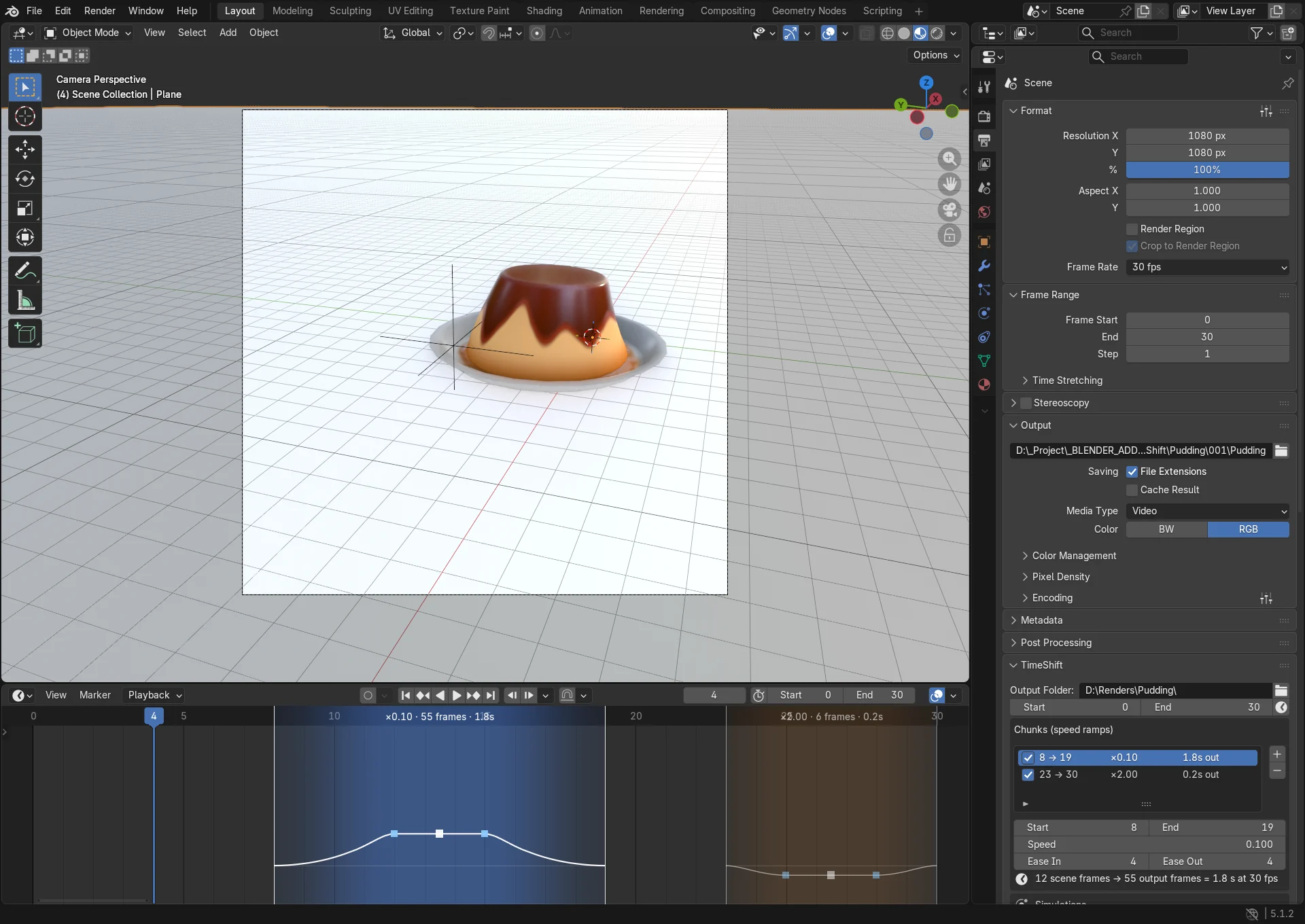 Blender with the TimeShift panel in Output properties and two chunks drawn on the Timeline