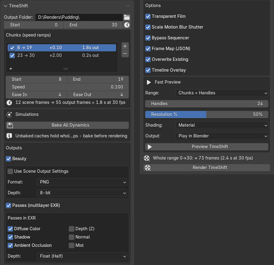 The full TimeShift panel from Output Folder to Render TimeShift, shown in two columns