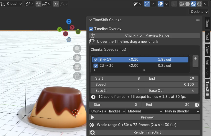 The TimeShift Chunks panel open in the 3D Viewport sidebar, beside the camera view