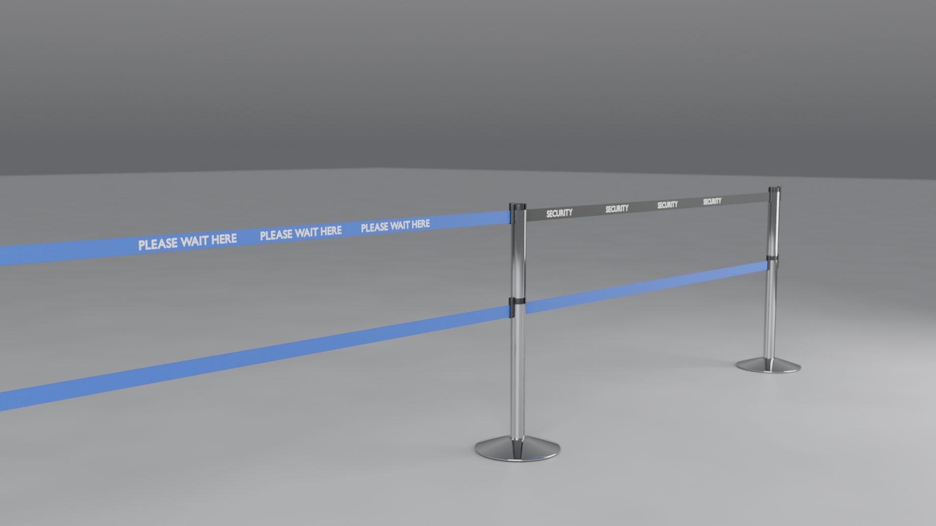 A double belt line whose belts are printed with library logos: Please Wait Here, Security