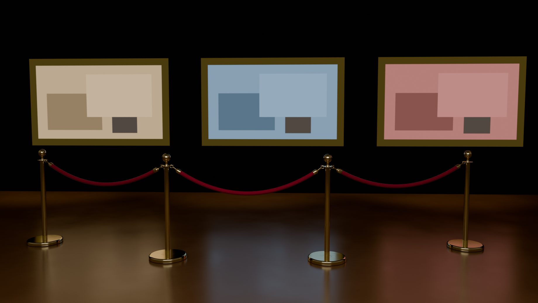 Brass hotel posts and a red velvet rope in front of three framed pictures in a gallery
