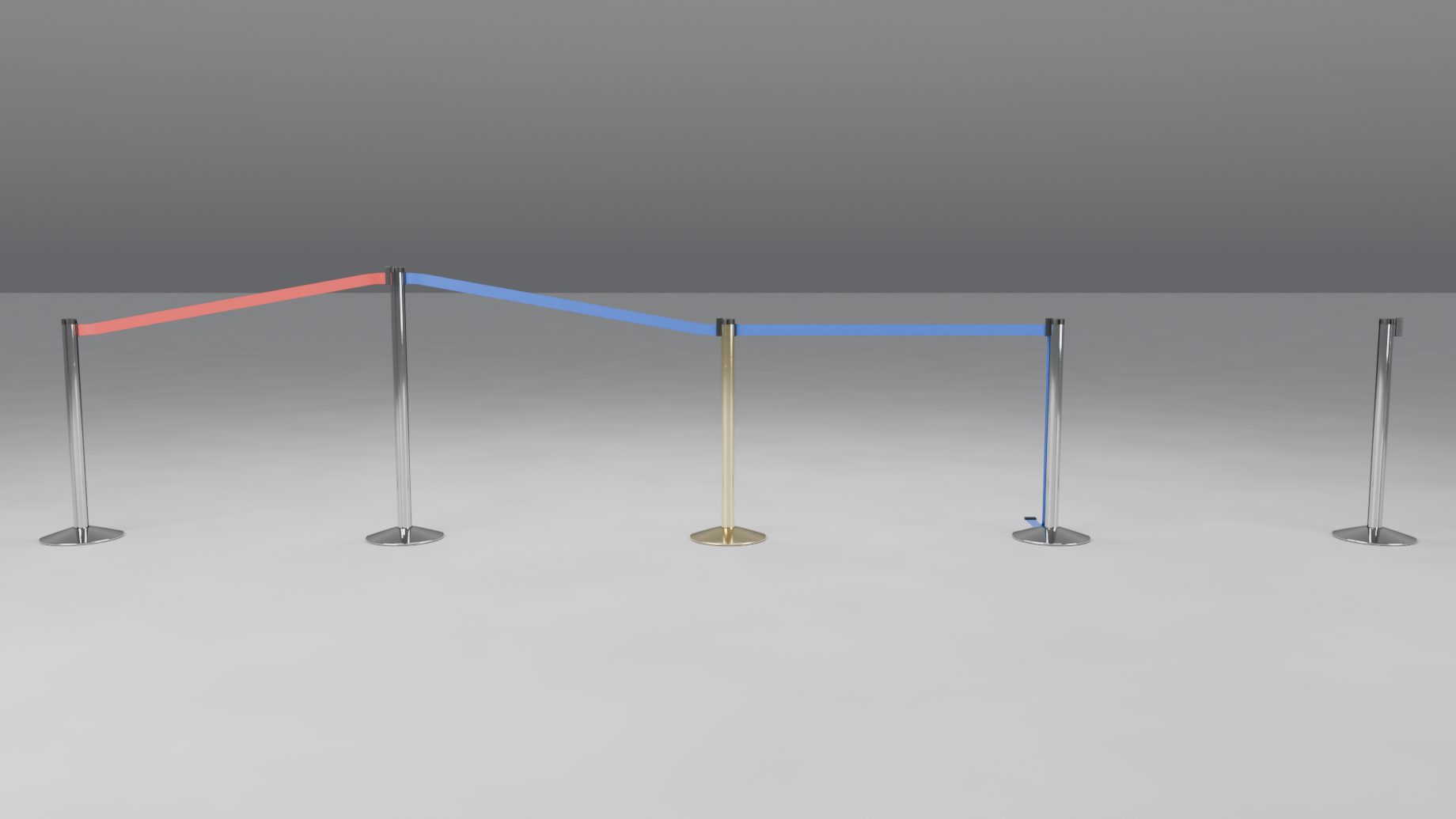 A line of five posts with a taller post, a brass post, a turned post, a red belt and a belt left out