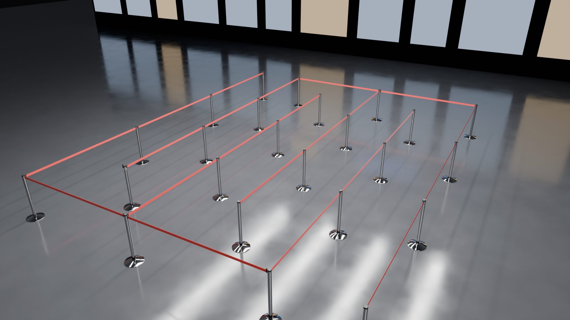 A zig-zag queue of six lanes with red belts, seen from above its entrance in an airport hall