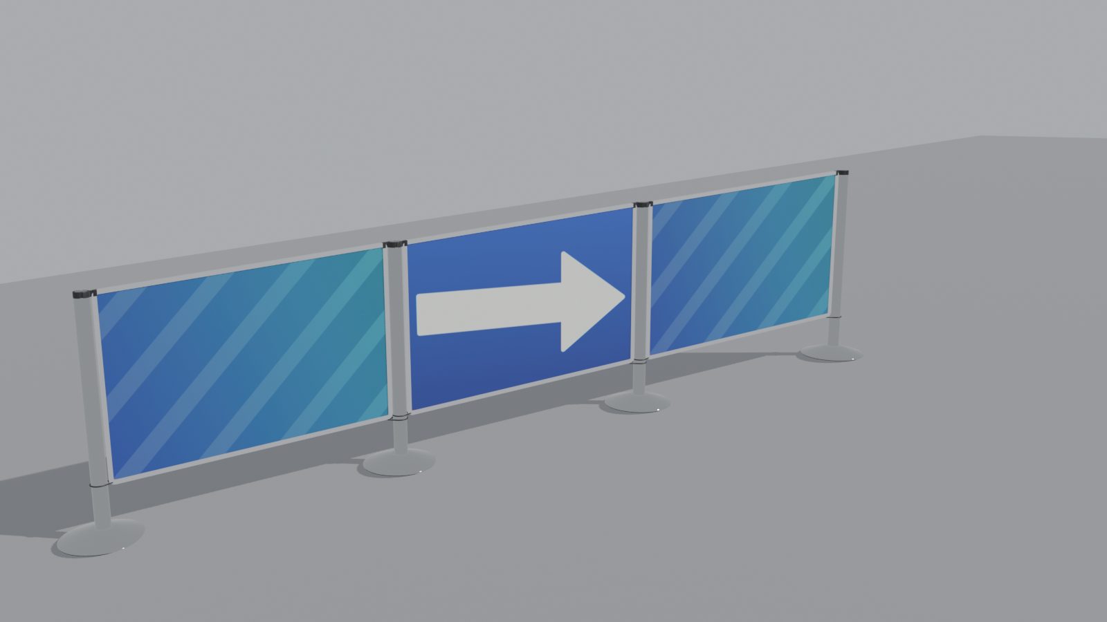 The same three printed panels made to the slope, with upright sides along the posts