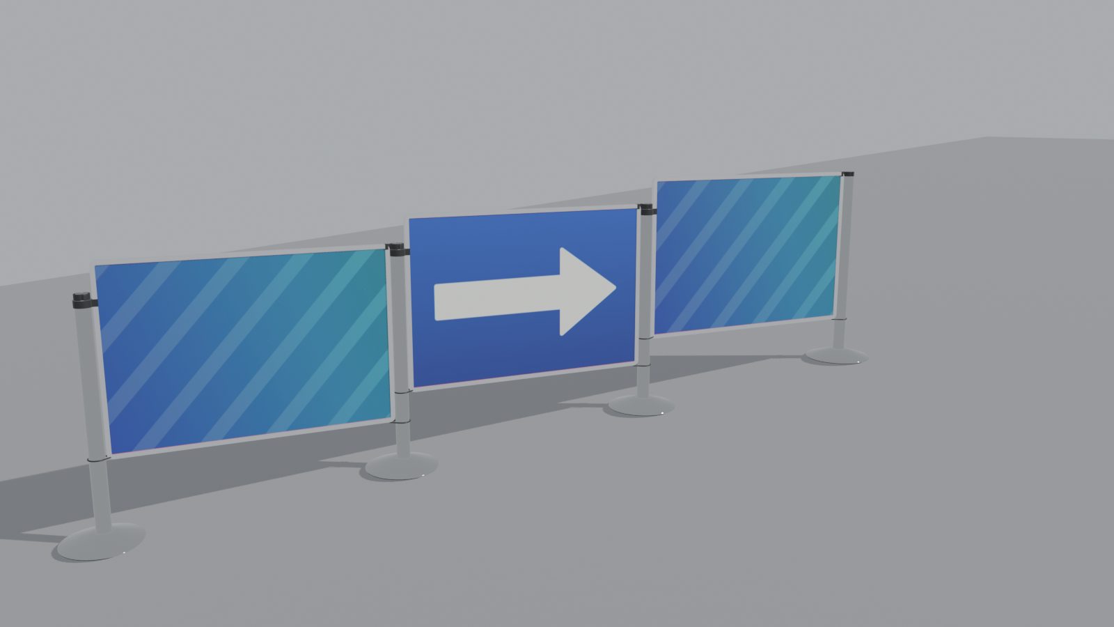 Three printed panels on a slope, each one level and held on the lower post by a clamp under the head