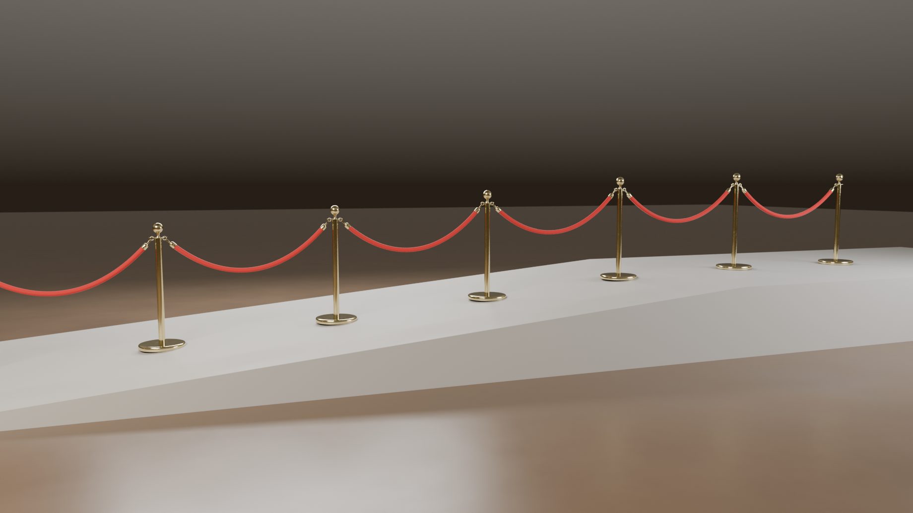A line of brass rope posts with red velvet rope, standing on a ramp and a landing, each rope sagging to its own length