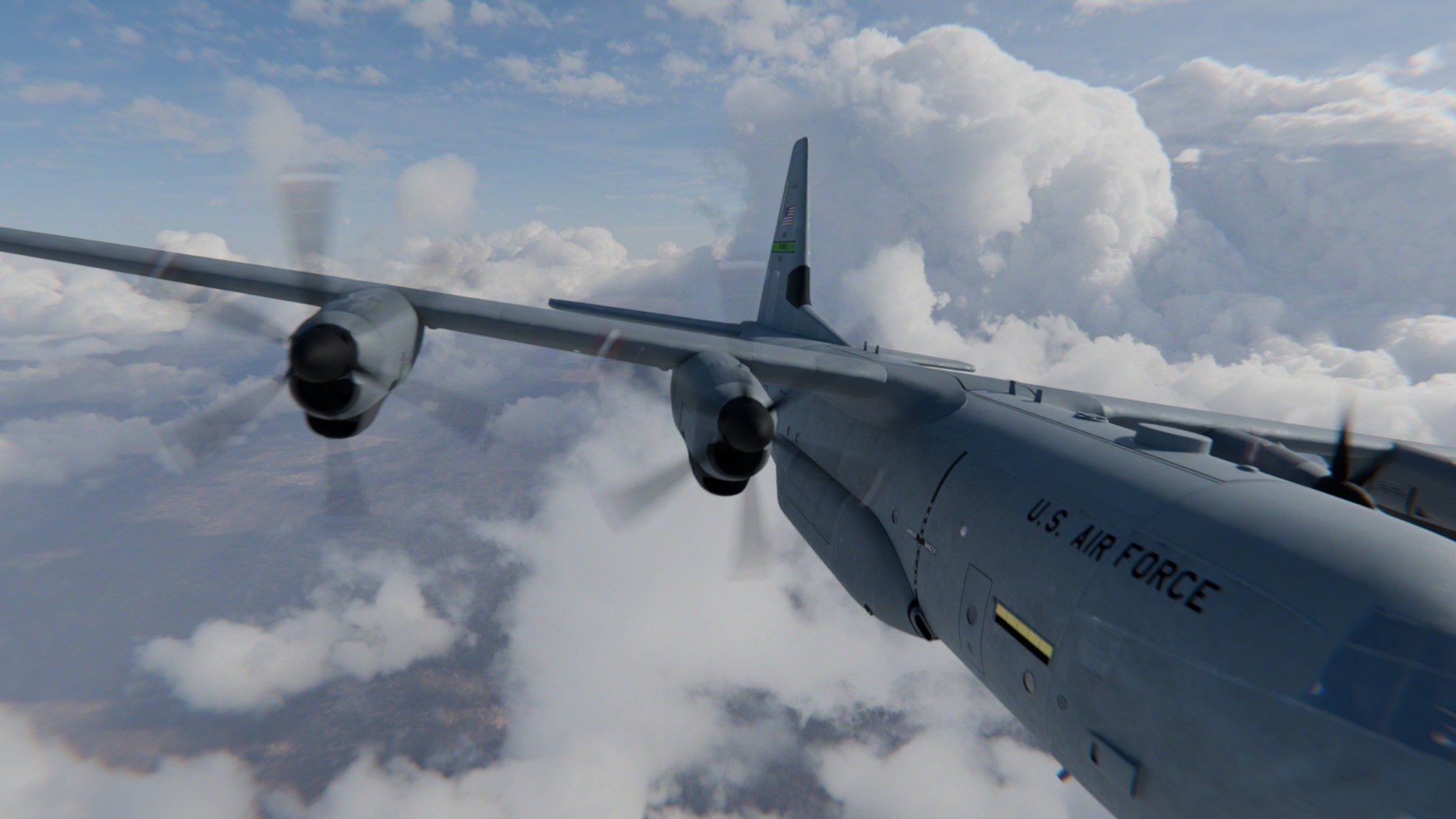 The plane at normal speed: its propellers blur into discs